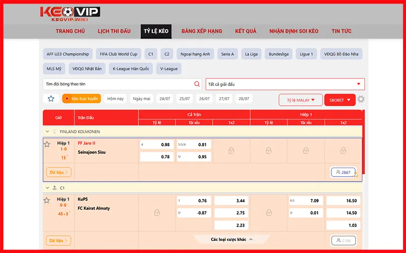 Giao diện KEOVIP hiển thị tỷ lệ kèo nhà cái hôm nay dễ so sánhAlt: Giao diện kèo nhà cái KEOVIP trực tuyến